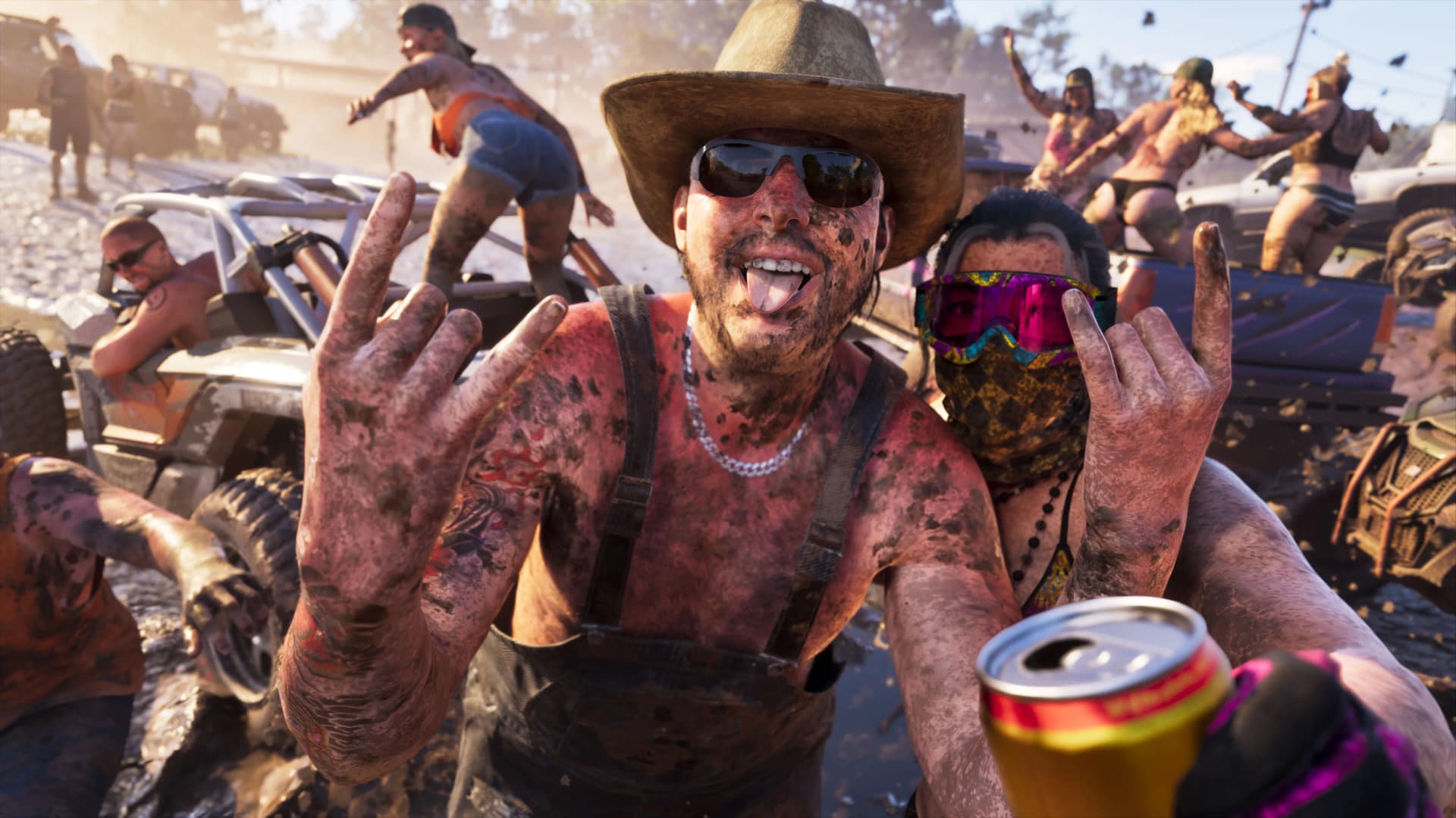 A muddy off-road party with buggies and revelers covered in mud in GTA 6