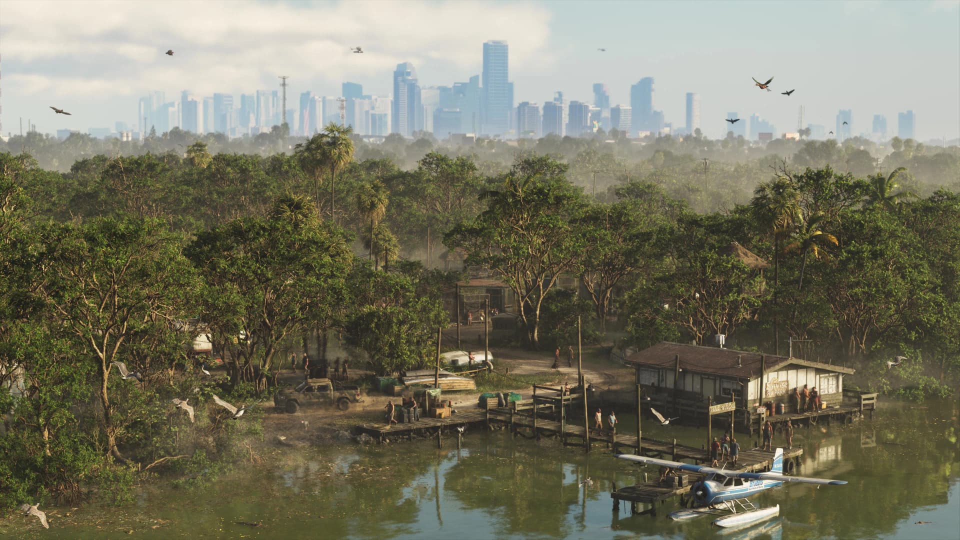 A swamp marina in the Grassrivers wetlands with birds and the Vice City skyline behind