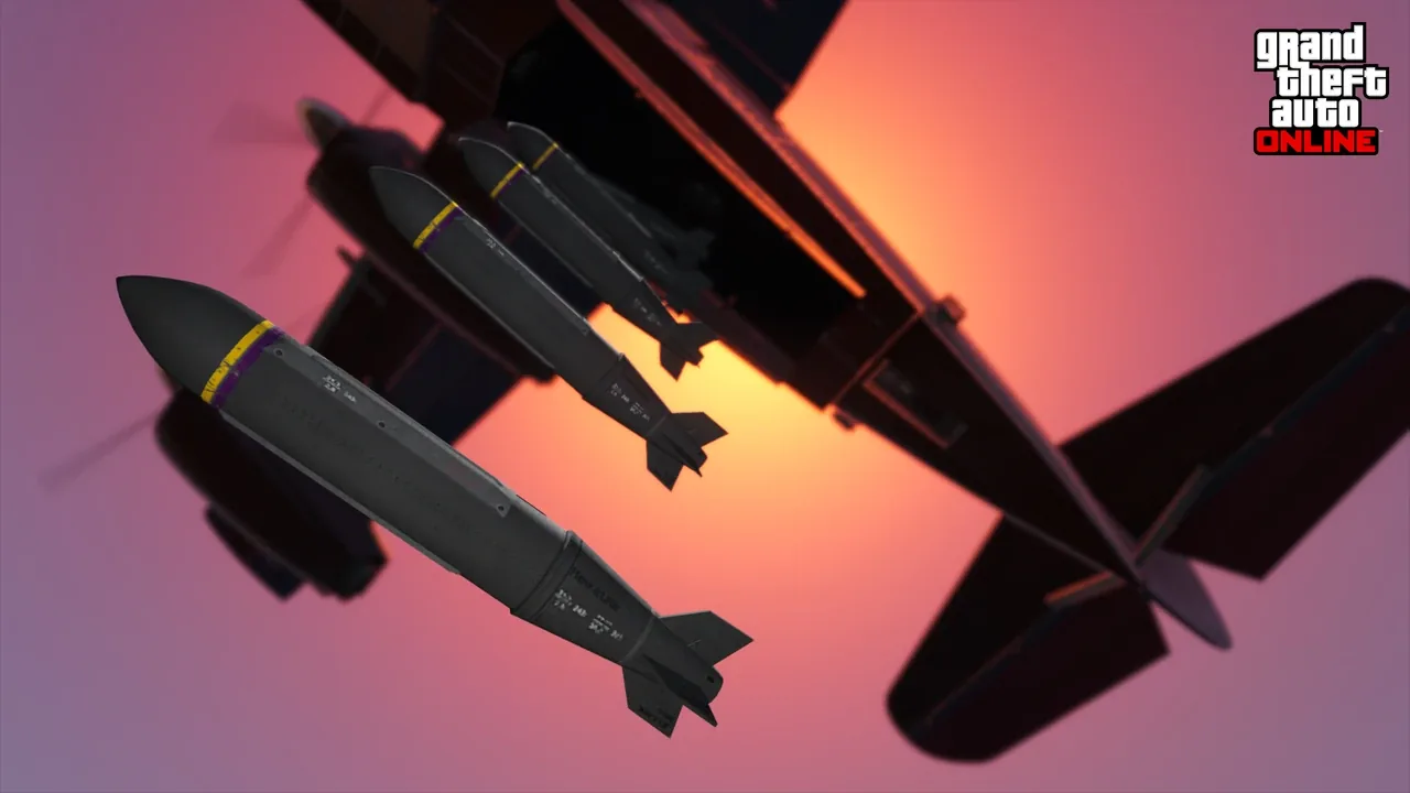 A GTA Online aircraft loaded with missiles flying over the ocean at sunset