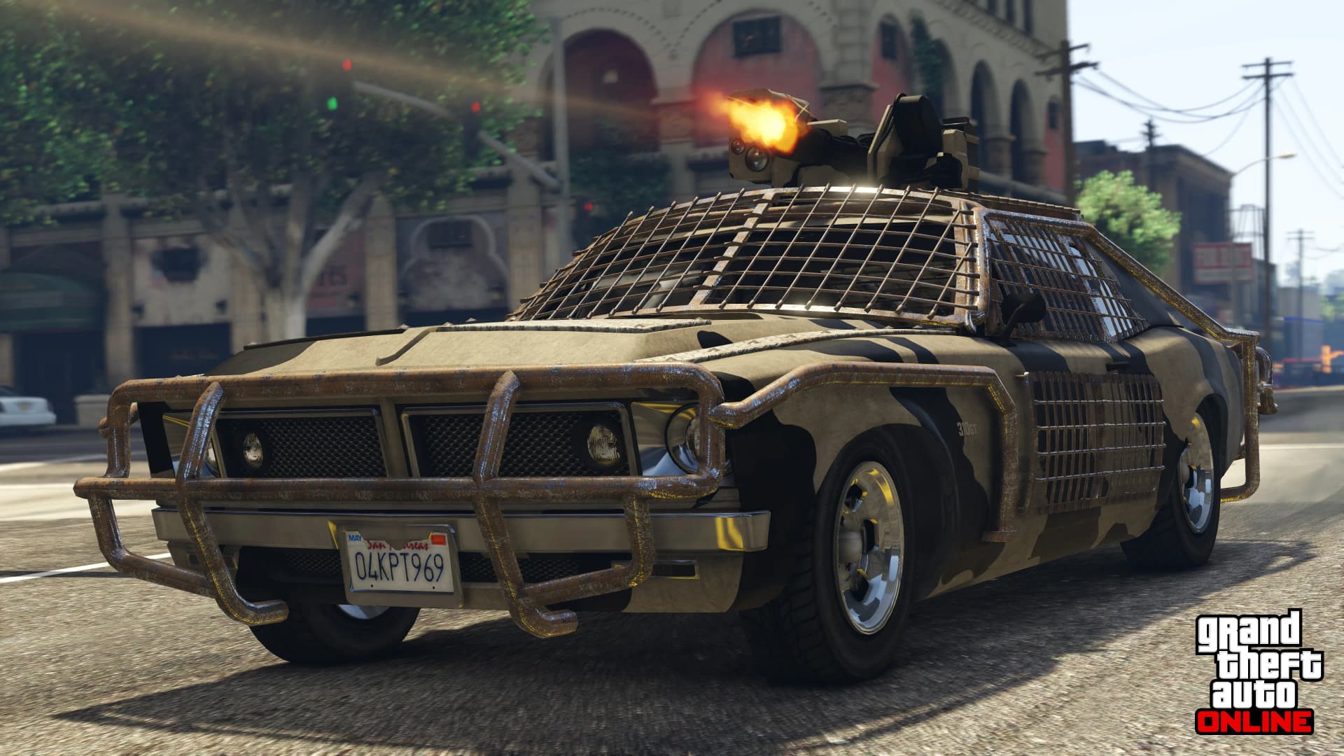 A weaponized muscle car with a roof-mounted gun firing on a Los Santos street in GTA Online