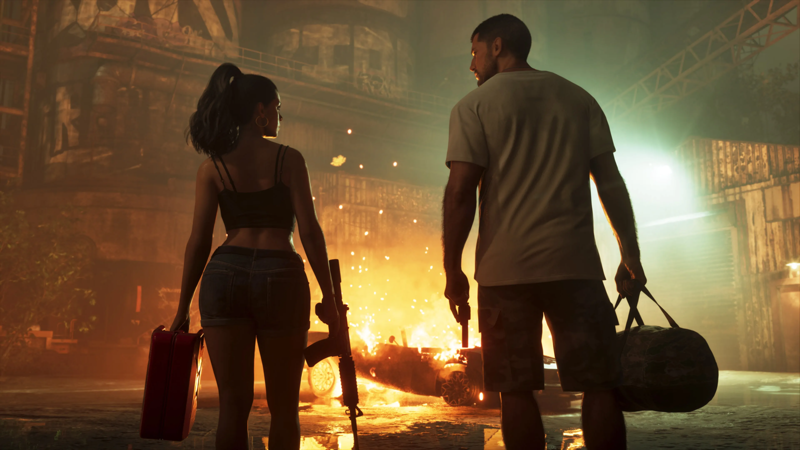 Lucia with a gas can and a rifle and Jason with a pistol and a duffel bag walk toward a burning car in GTA 6, official screenshot