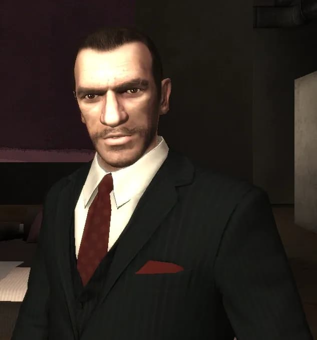 Niko Bellic aiming a pistol during a Liberty City confrontation in GTA IV
