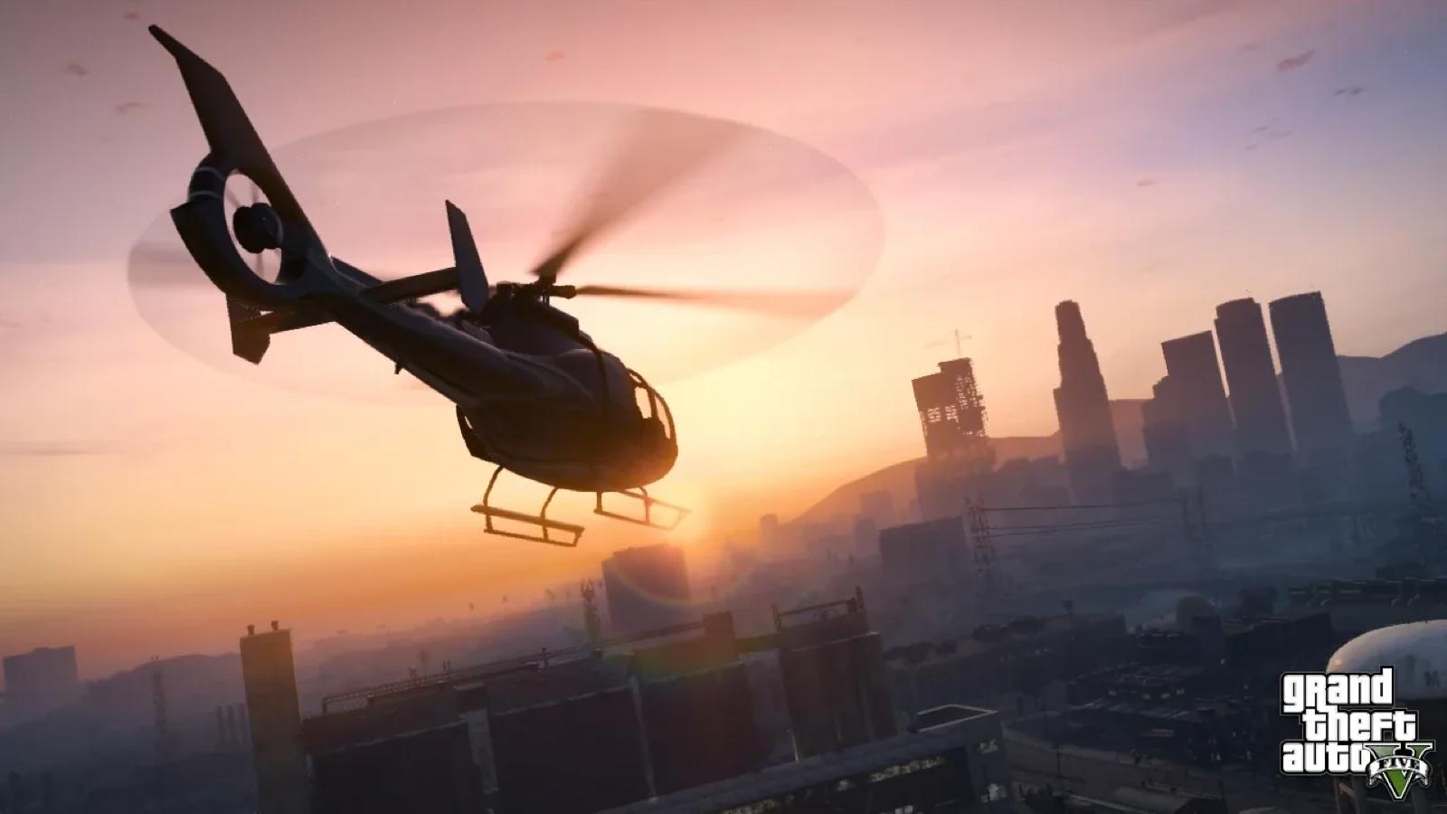 A helicopter flying over downtown Los Santos at sunset in GTA 5