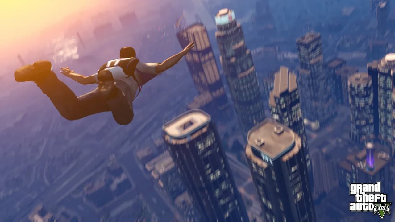 A skydiver falling past downtown Los Santos skyscrapers in GTA 5