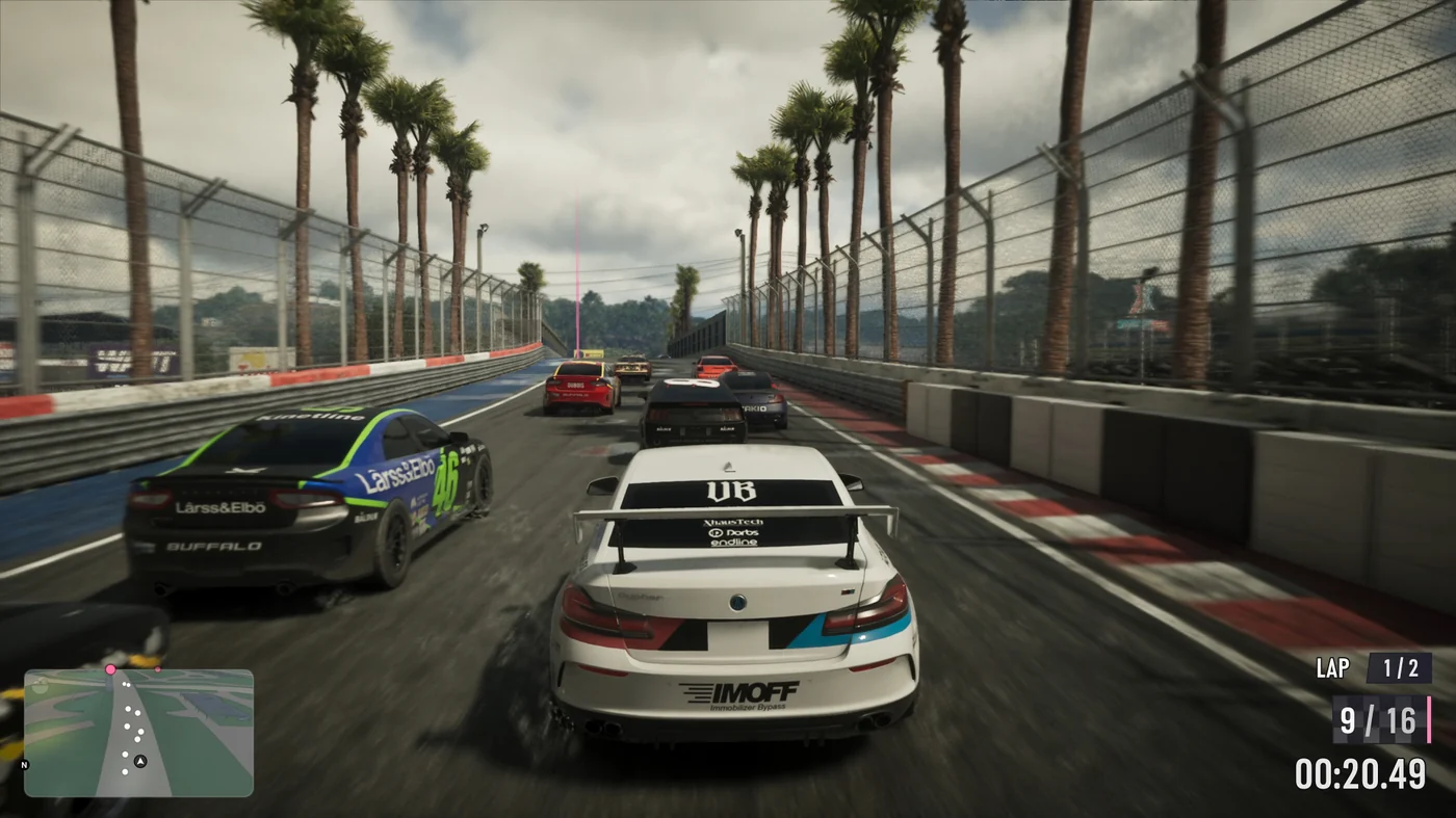 A circuit race in GTA 6 with a black and blue number 46 race car lettered BUFFALO on its rear bumper