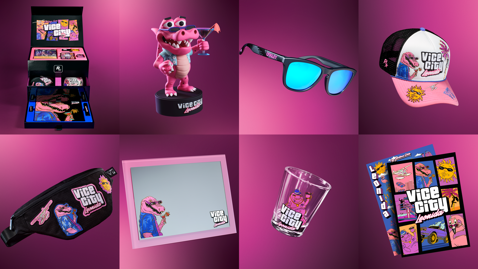 Eight items from the GTA 6 Goodtime State Vice City Collection: the open collector's box, a pink Macca the Gator figure, Oakley Frogskins sunglasses, a New Era snapback, a crossbody bag, a pink mirror, a manatee shot glass and a souvenir poster