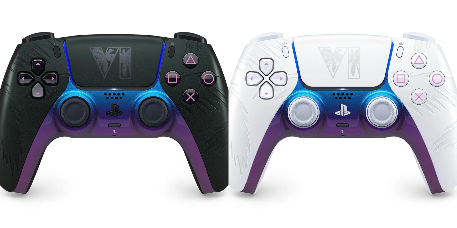 The GTA 6 Black Limited Edition and White Limited Edition DualSense controllers with colour-shifting purple and blue accents and VI logos