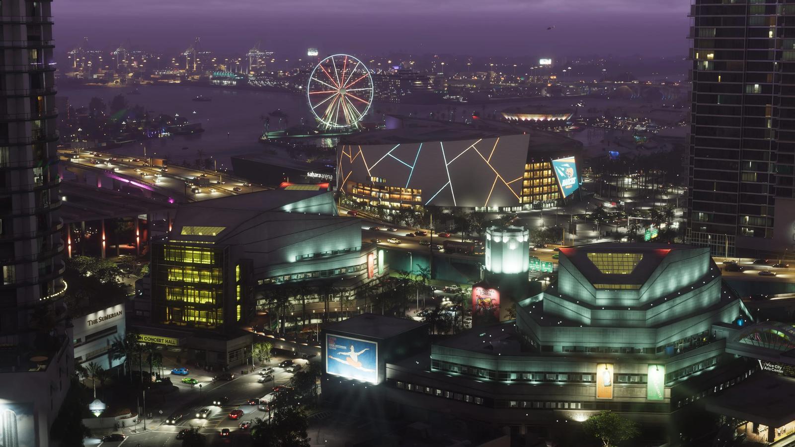 Downtown Vice City at night with a waterfront Ferris wheel and the lit Sahara Arena in GTA 6, official screenshot