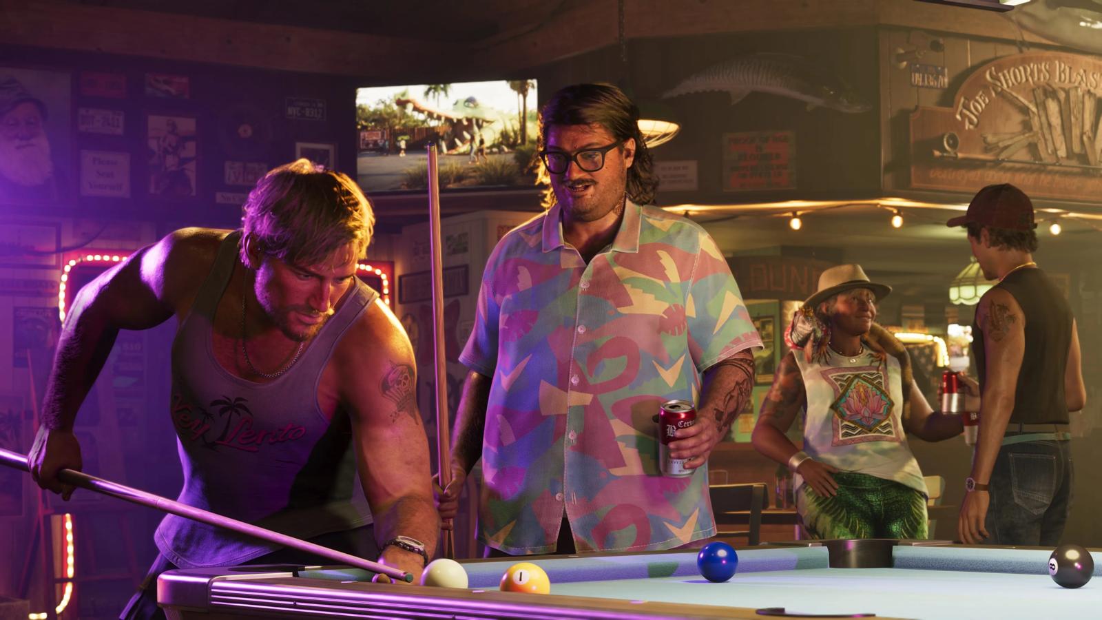 Characters relaxing in a neon-lit Leonida bar in GTA 6, official screenshot