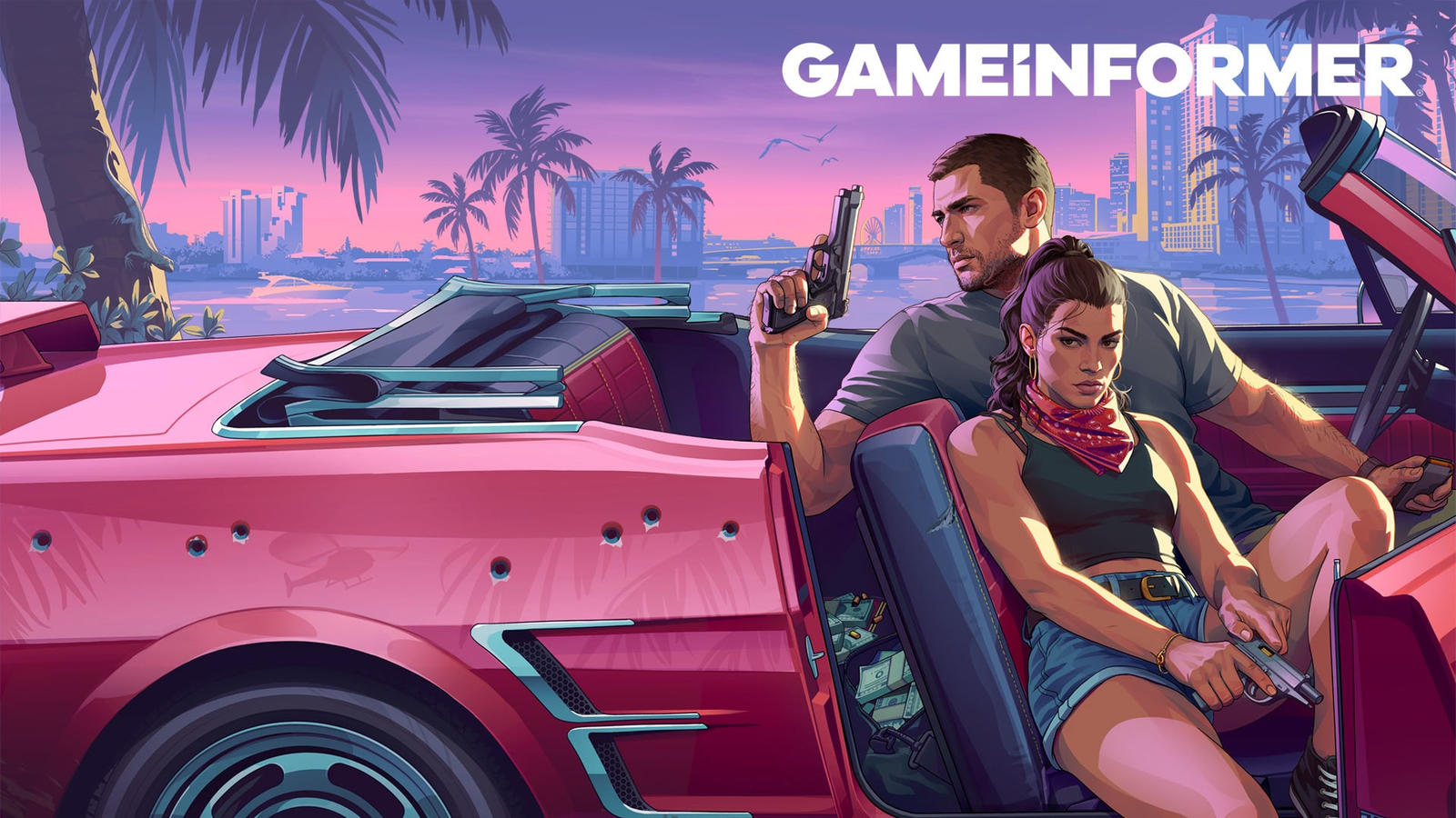 Game Informer's GTA 6 cover: Jason and Lucia in a bullet-riddled pink convertible holding pistols in front of the Vice City skyline