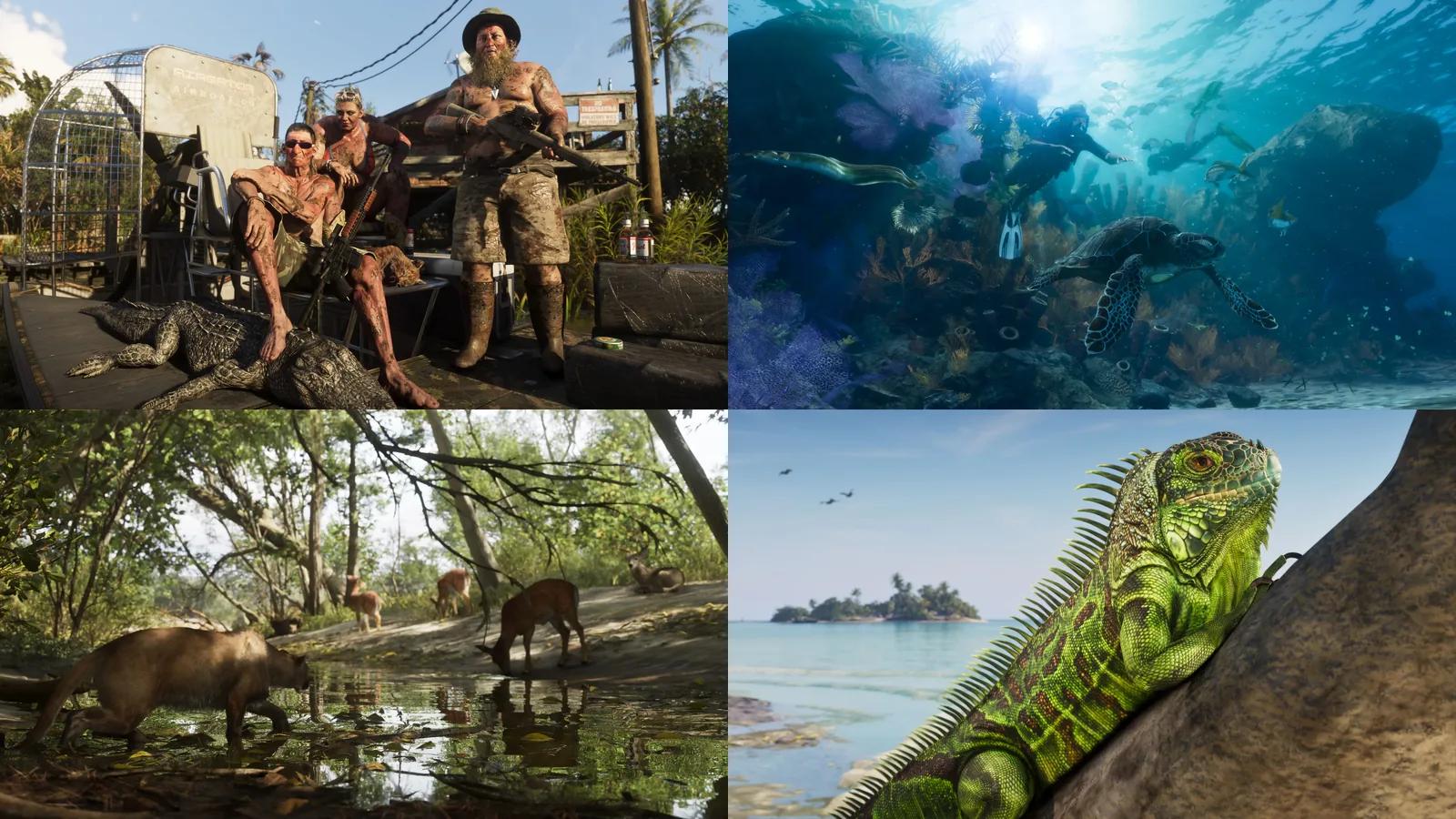 Four official GTA 6 screenshots: an alligator on an airboat deck, a sea turtle and scuba divers on a reef, a big cat stalking deer at a watering hole, and a green iguana on a rock by the sea