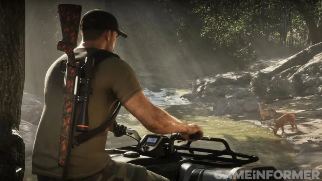 New GTA 6 screenshot: a man with a scoped rifle slung on his back sits on an ATV watching two deer at a forest stream
