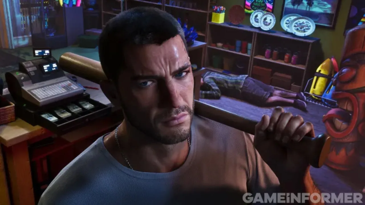 New GTA 6 screenshot: Jason holds a baseball bat over his shoulder in a shop next to a cash register while a man lies on the floor behind him