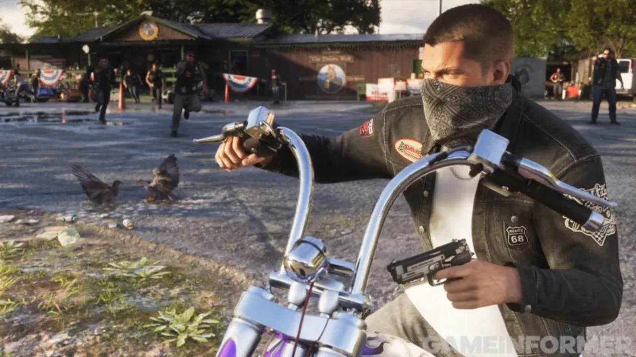 New GTA 6 screenshot: Jason, masked with a bandana, rides a chrome chopper motorcycle with a pistol drawn as bikers run out of a roadhouse