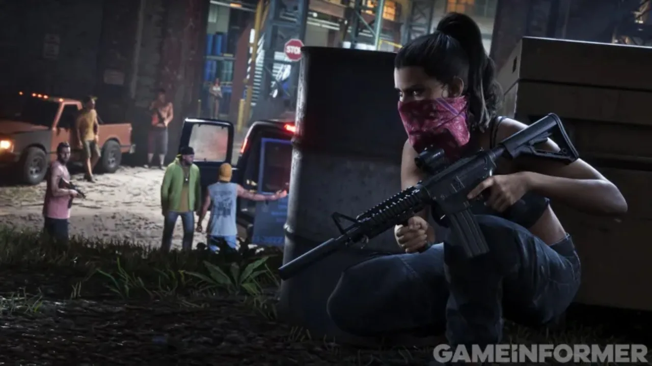 New GTA 6 screenshot: Lucia, masked with a bandana, crouches behind a barrel holding an assault rifle while men gather at a pickup truck
