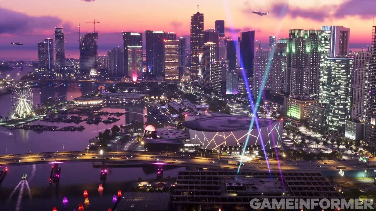 New GTA 6 screenshot: downtown Vice City at dusk with the Sahara Arena lit up, searchlights, a waterfront Ferris wheel, a marina and a plane over the skyline