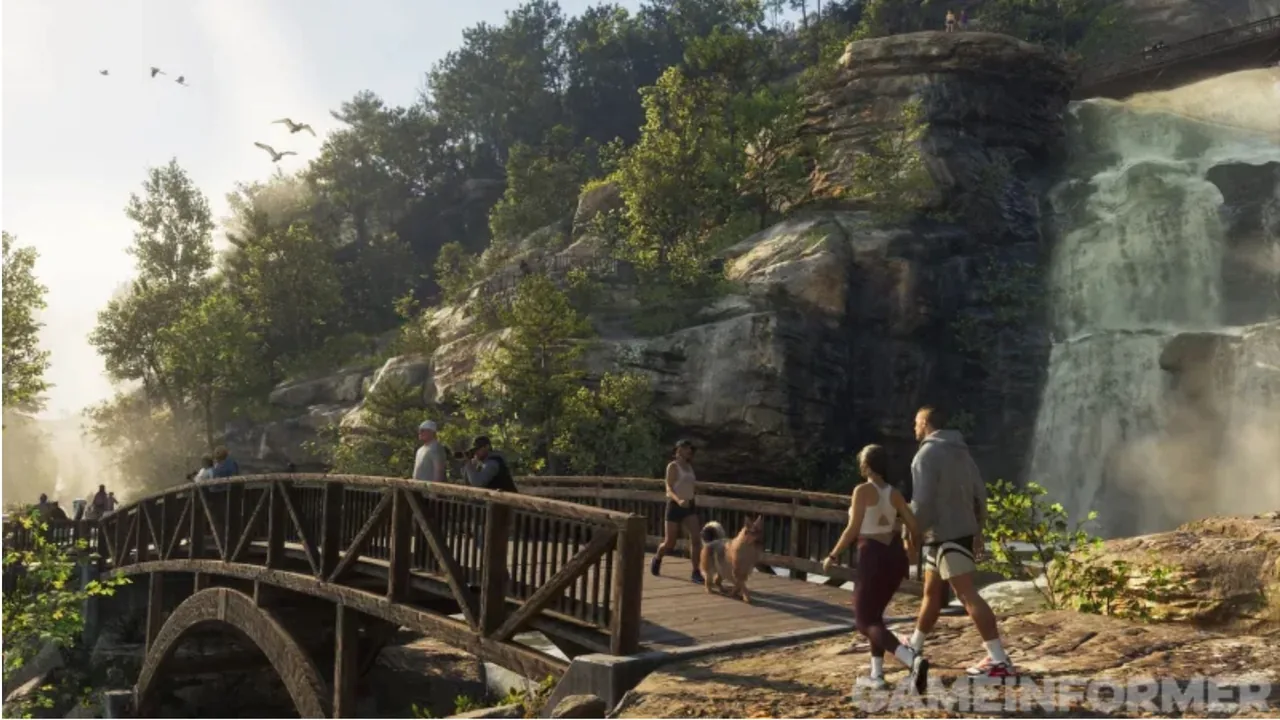 New GTA 6 screenshot: a couple crosses a wooden footbridge on a hiking trail beside a waterfall while other hikers walk a dog