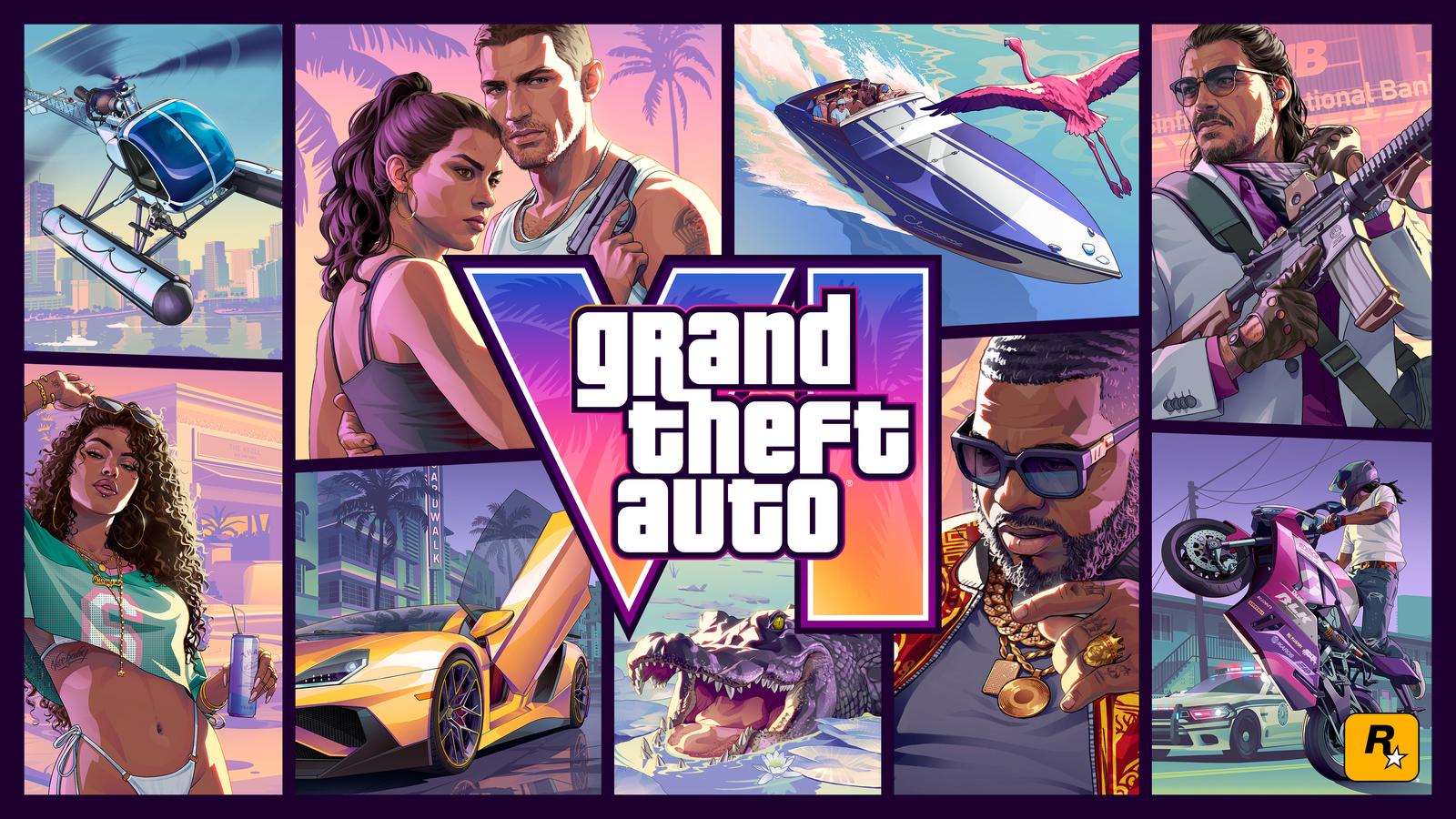 The official GTA 6 cover art in the classic panel layout with Jason, Lucia, Raul, Boobie Ike and an alligator