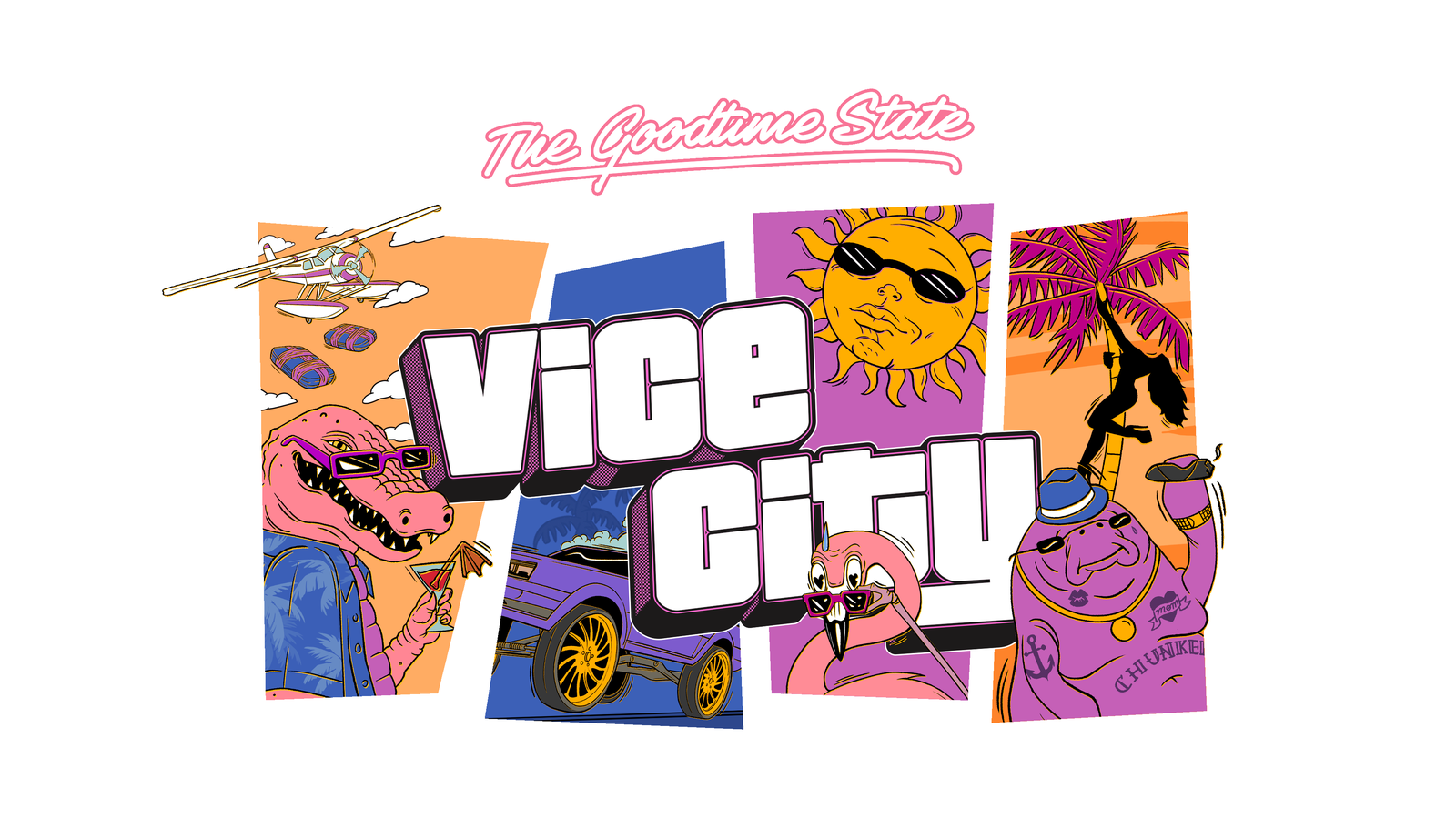 Rockstar's Goodtime State Vice City artwork with Macca the Gator holding a cocktail, a seaplane dropping bales, a purple lowrider, a flamingo in sunglasses, a sun in sunglasses and Chunkee the Manatee with a cigar