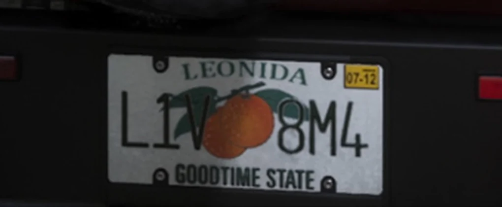 A white Leonida license plate reading L1V 8M4 with two oranges in the middle and Goodtime State along the bottom