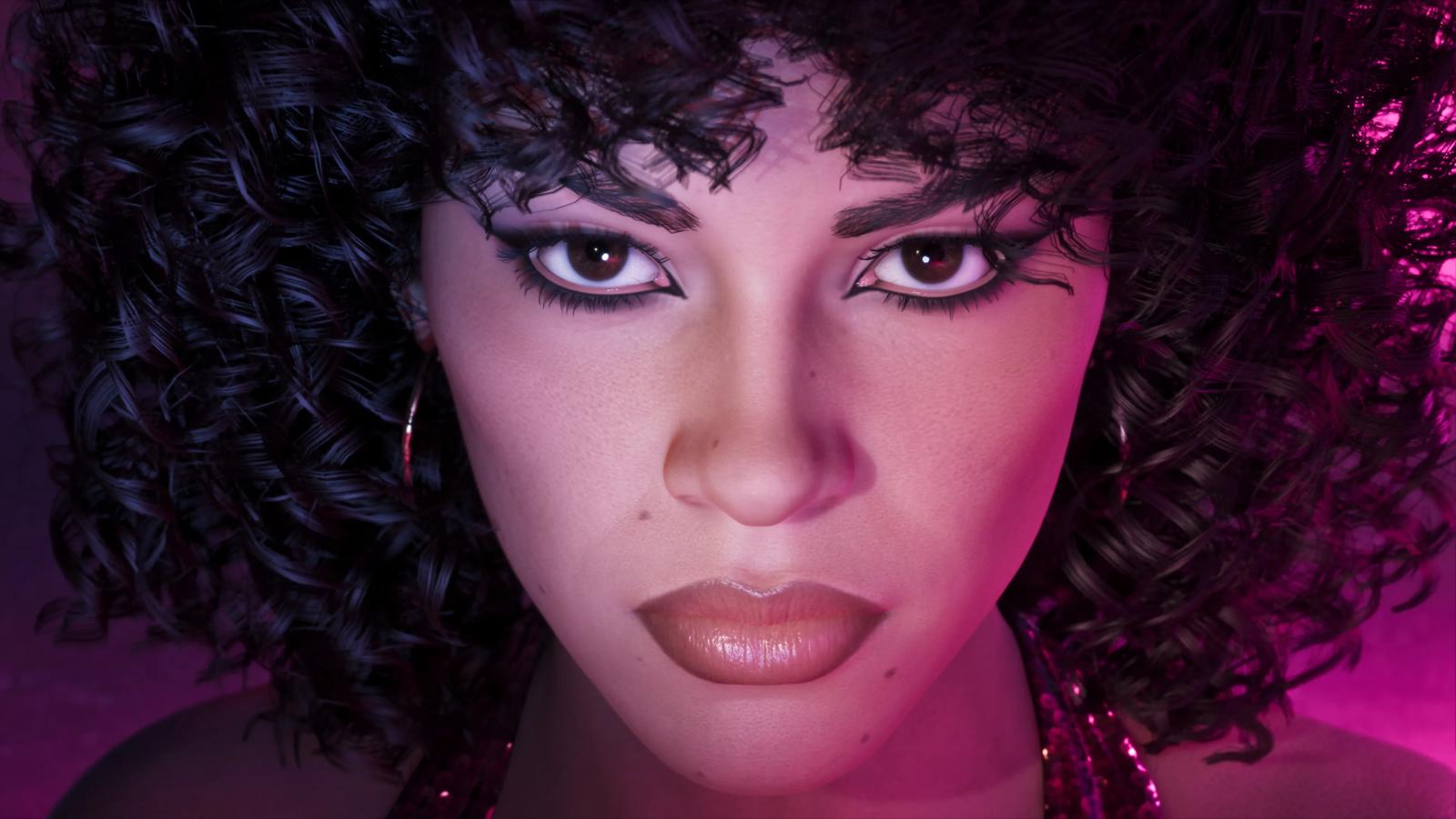An extreme close-up of GTA 6 protagonist Lucia in neon light, the kind of detail fans are scrutinizing in the downgrade debate