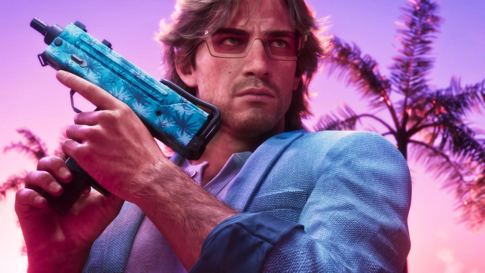 A close-up of GTA 6 protagonist Jason holding a palm-camo SMG against a purple Vice City sunset