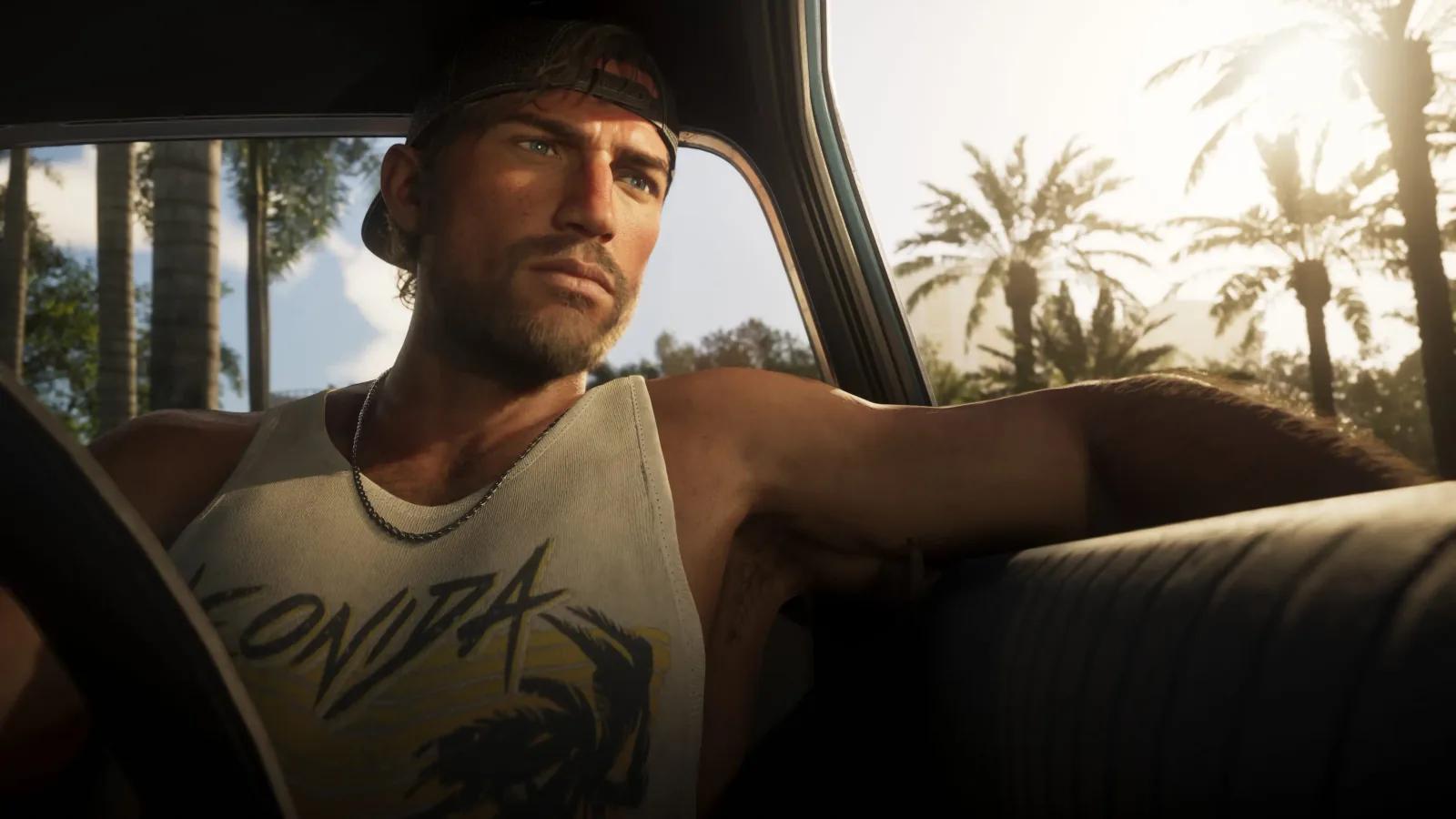 Jason Duval in a car in a Leonida tank top — GTA VI screenshot