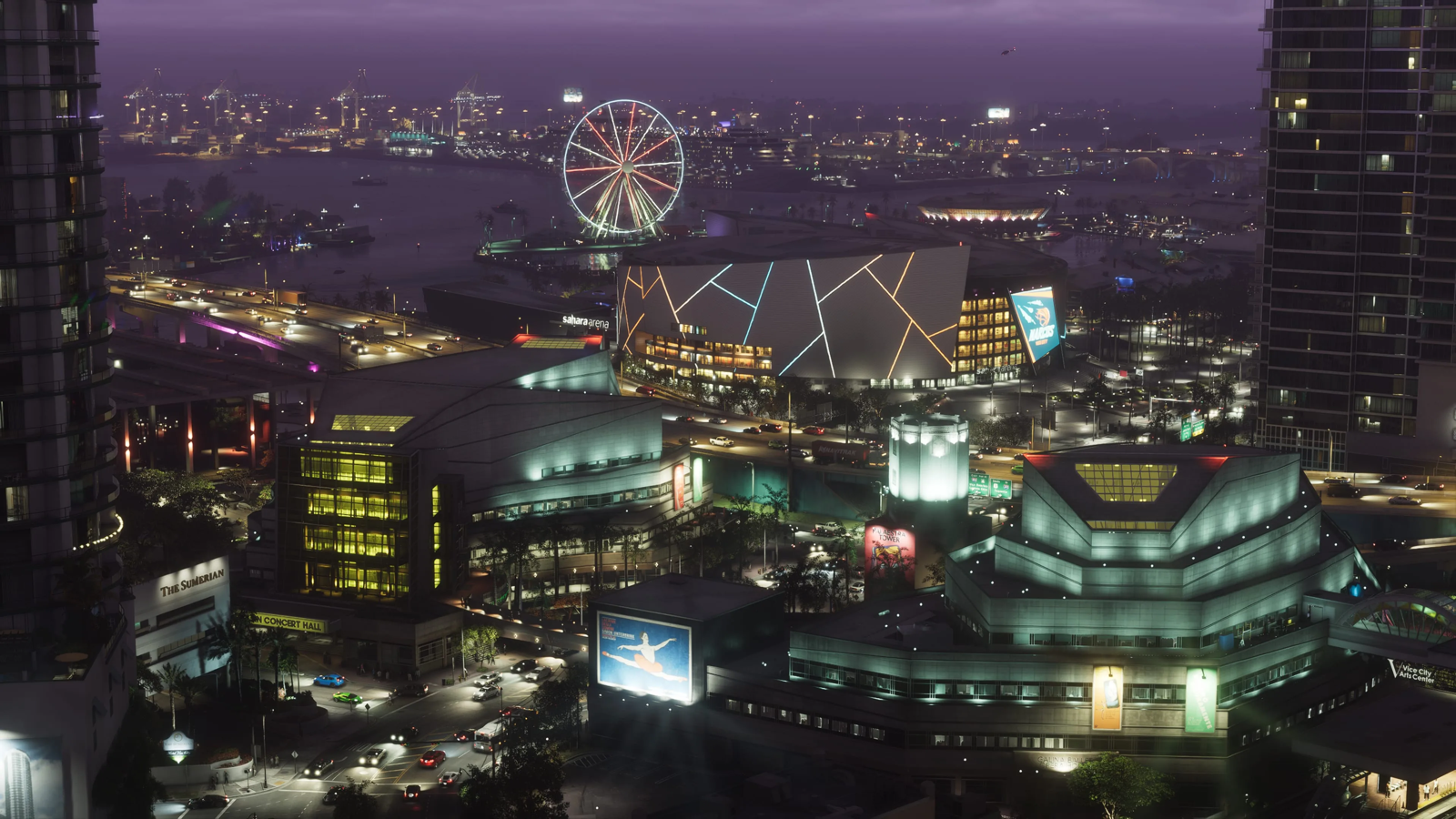 Aerial night view of a Vice City downtown arena and waterfront with a Ferris wheel in GTA 6, official screenshot