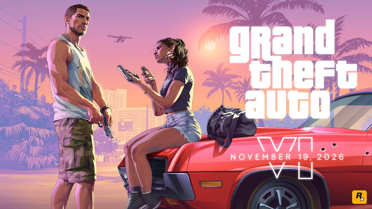 Official GTA 6 Launch Trailer art: Jason holds a pistol beside Lucia, who sits on the hood of a red car loading a gun, under the date November 19, 2026