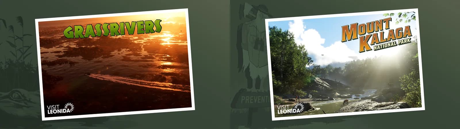Official GTA 6 Visit Leonida postcards of the Grassrivers wetlands at sunset and the Mount Kalaga National Park forest river