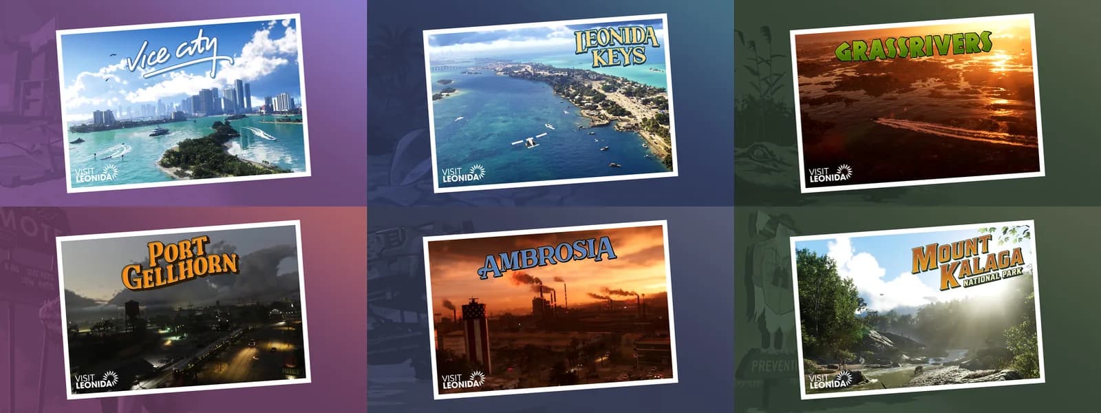 Rockstar's six official GTA 6 Visit Leonida postcards: Vice City, the Leonida Keys, Grassrivers, Port Gellhorn, Ambrosia and Mount Kalaga National Park