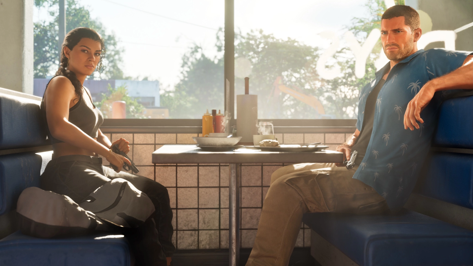 New GTA 6 screenshot: Lucia and Jason sit across a diner booth from each other, both holding pistols, with an empty duffel bag beside Lucia