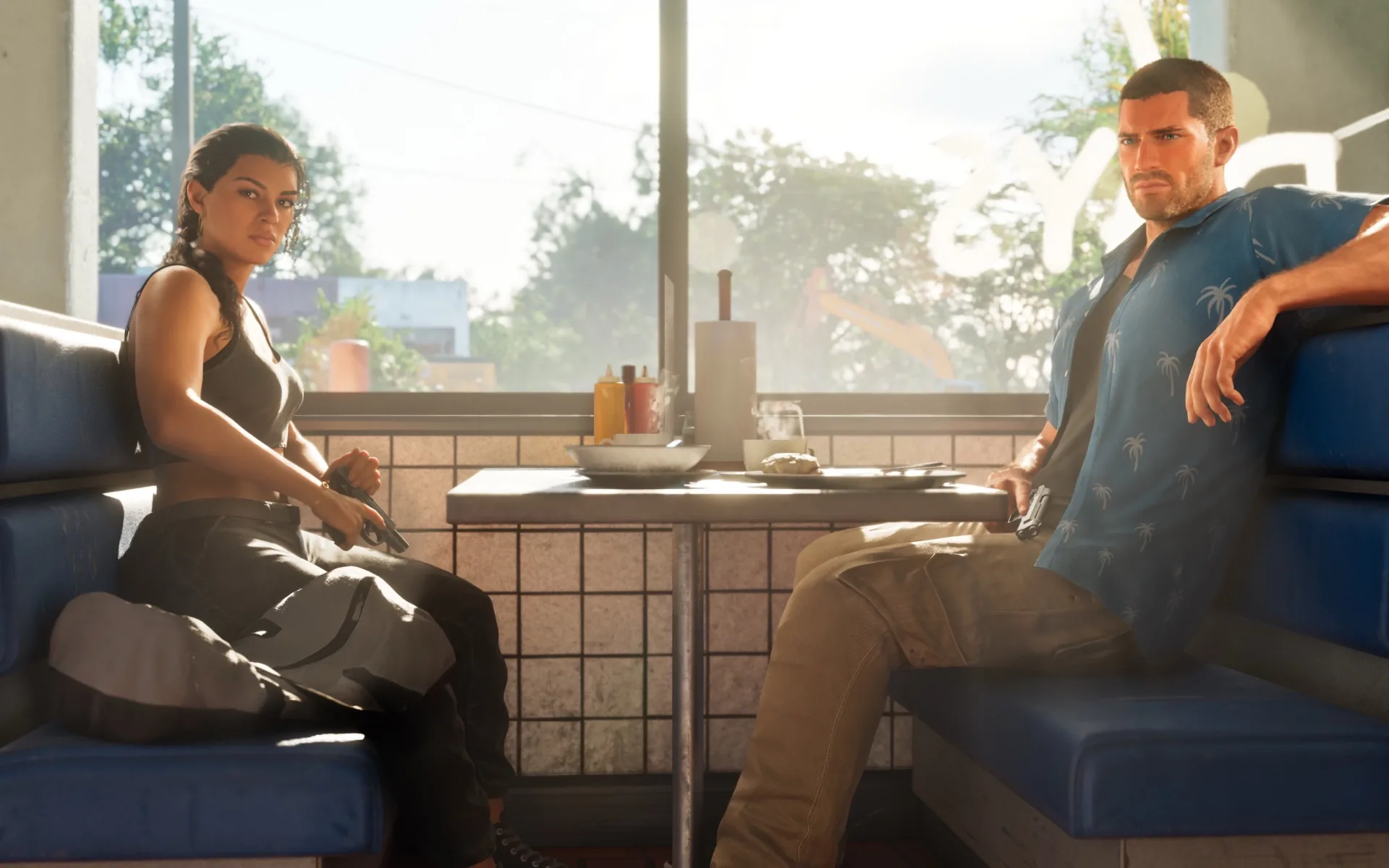 New GTA 6 screenshot: Lucia and Jason face each other across a diner booth by the window, each gripping a pistol, with an empty duffel bag on Lucia's seat