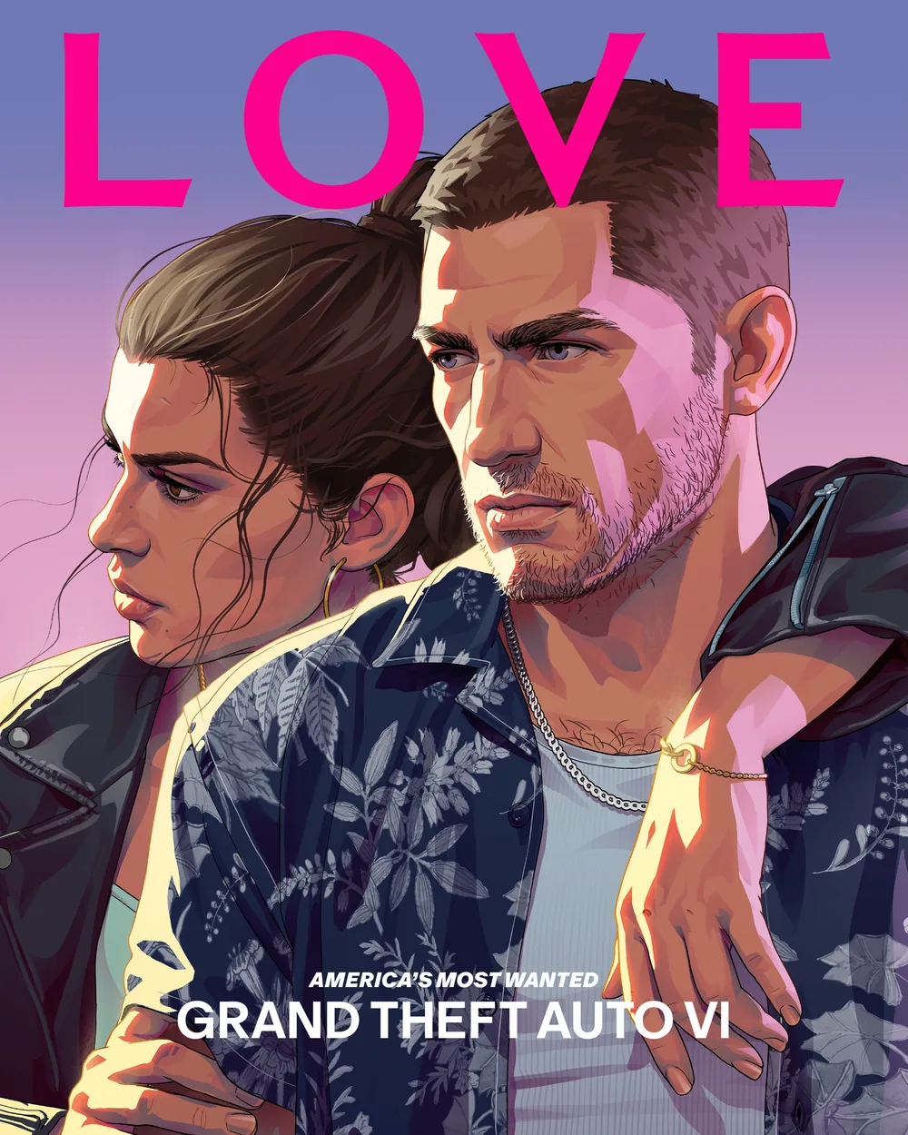 LOVE magazine Issue 27 GTA VI cover: illustrated Lucia in profile behind Jason in a leaf-print shirt, with 'America's Most Wanted' and 'Grand Theft Auto VI' at the bottom