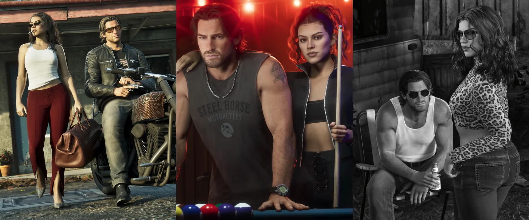 Three new GTA 6 screenshots from LOVE: Lucia walking past Jason on a motorcycle, Jason and Lucia at a pool table under red lights, and a black-and-white image of Jason on a folding chair by a trailer with Lucia