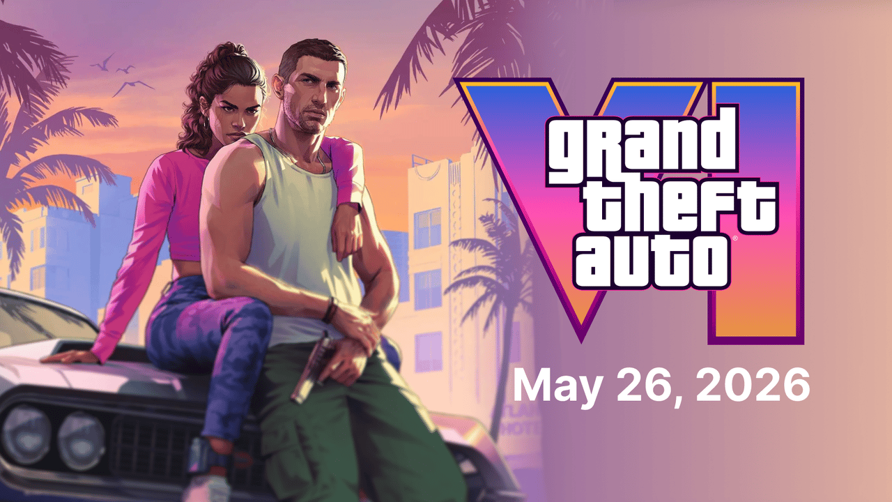 Lucia Caminos and Jason Duval in front of a Vice City sunset with the GTA VI logo and the original May 26, 2026 release date
