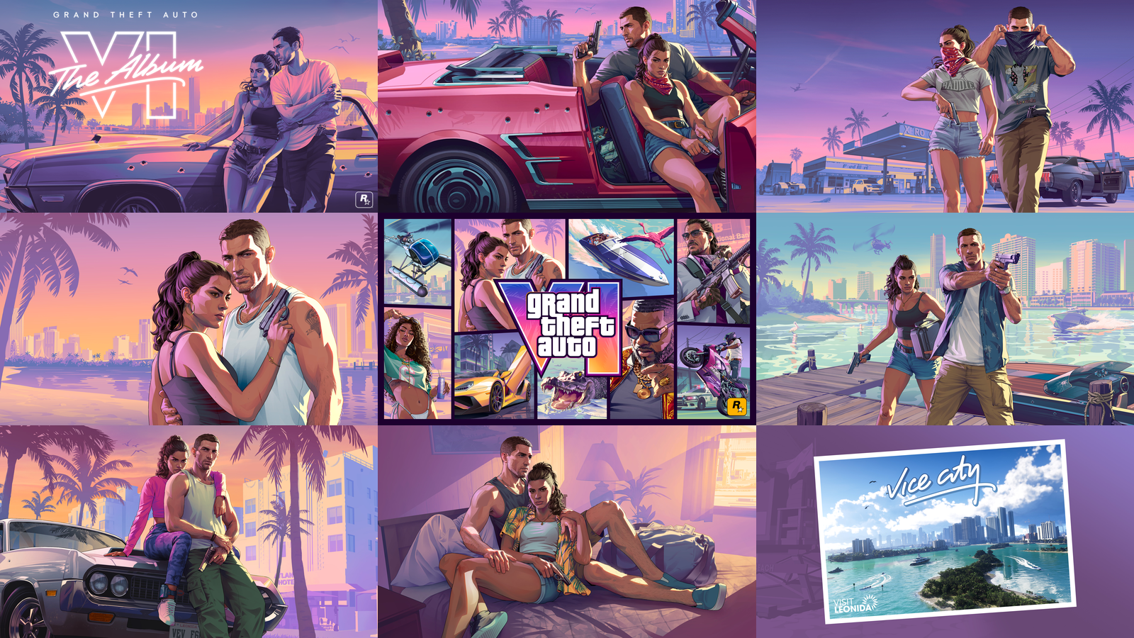 Nine pieces of official GTA 6 artwork in a grid: The Album cover, the Game Informer cover, the robbery art, the beach art, the official cover art, the dock art, the Trailer 1 art, the motel art and the Vice City postcard