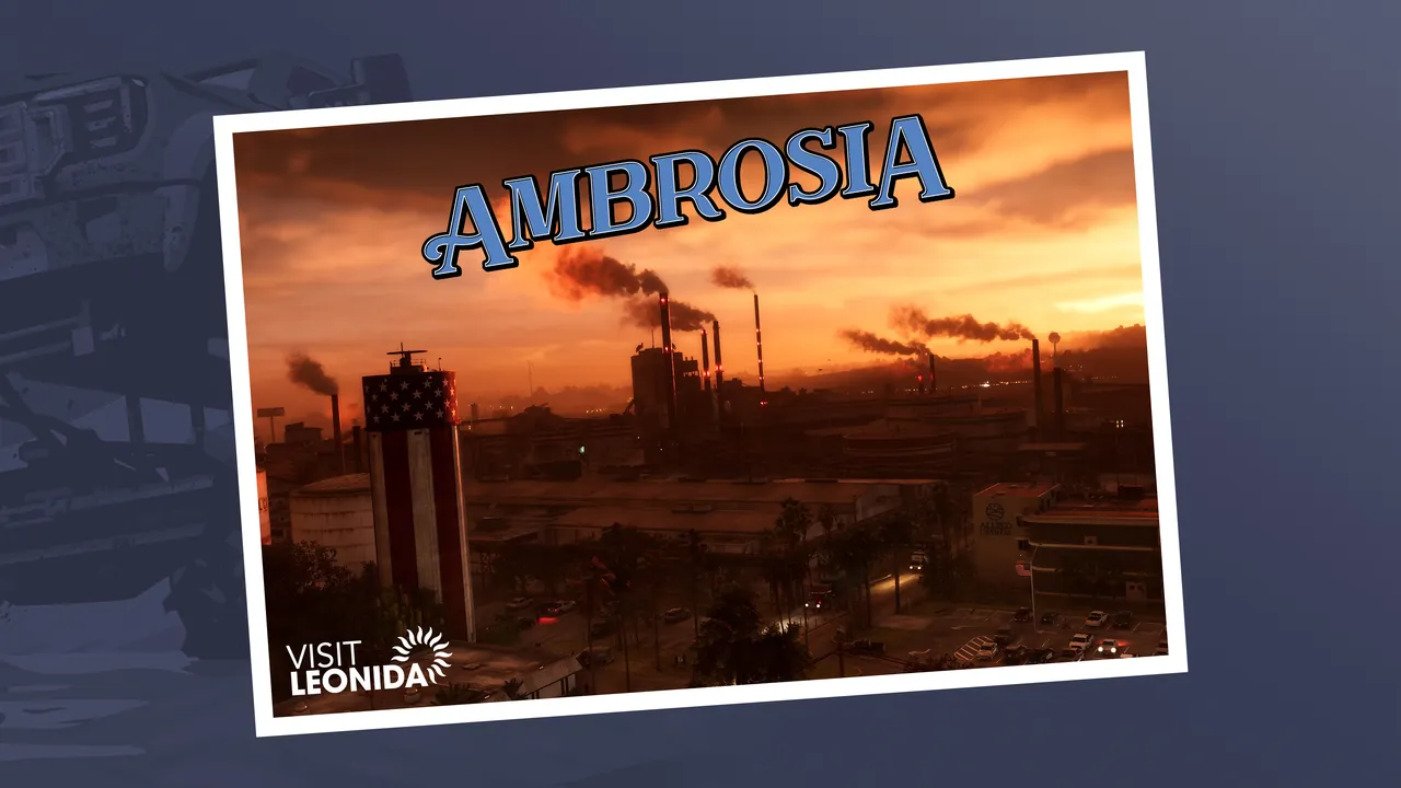 GTA 6 Visit Leonida postcard of Ambrosia's refinery skyline at sunset
