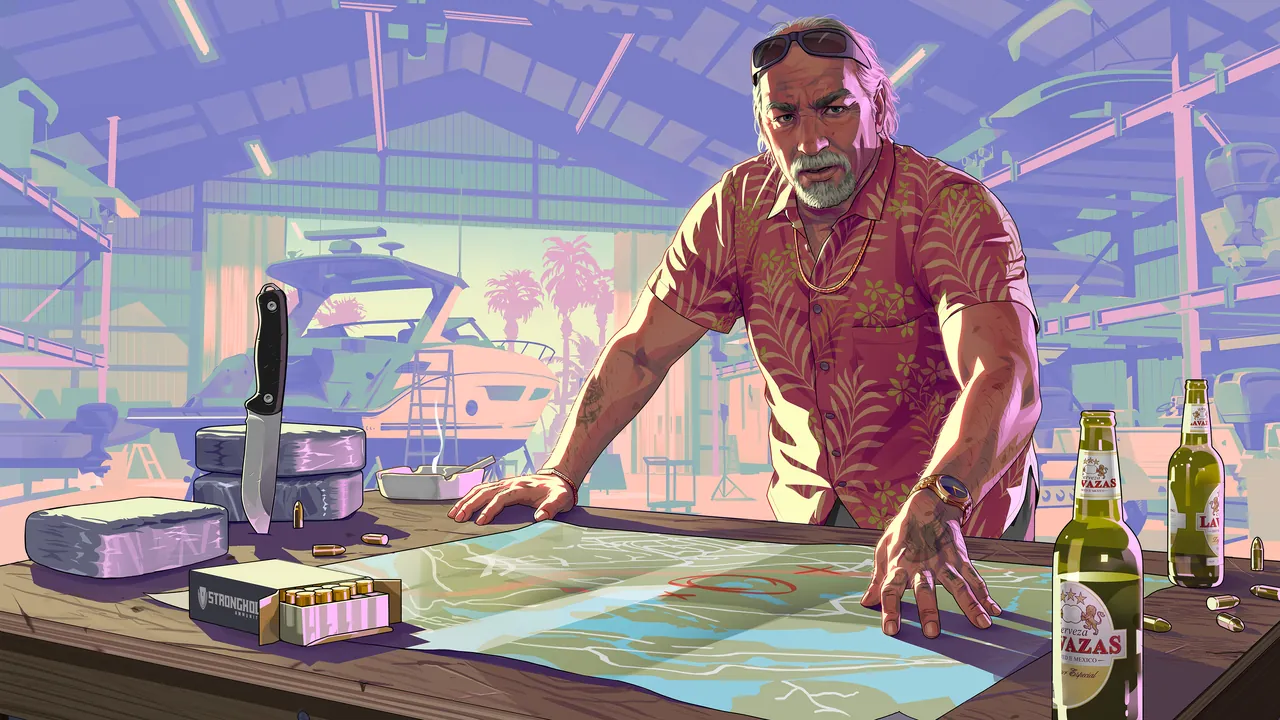 GTA 6 artwork of Brian Heder leaning over a map in a boat yard with wrapped bricks, a knife, ammunition and beer bottles on the table