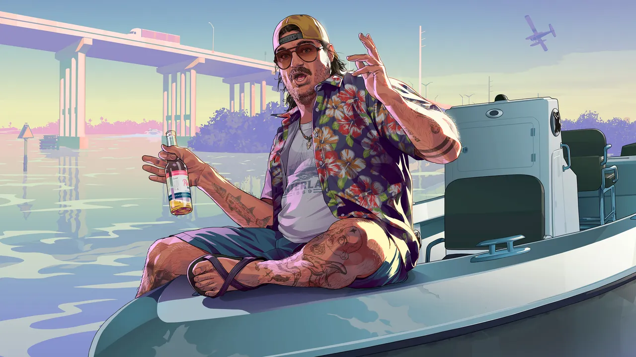 GTA 6 artwork of Cal Hampton sitting on the bow of a boat with a beer under a bridge