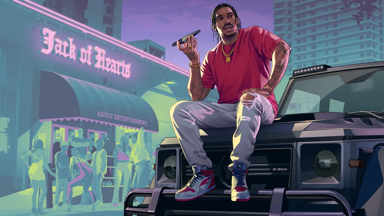 GTA 6 artwork of Dre'Quan Priest sitting on the hood of a black SUV outside the Jack of Hearts club