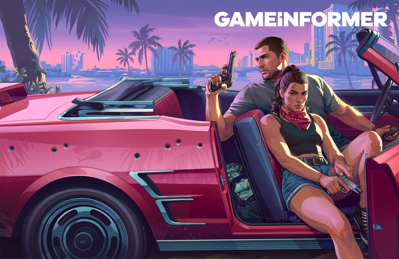 Game Informer Issue 382 wraparound cover: Jason and Lucia in a bullet-riddled pink convertible holding pistols in front of the Vice City skyline at dusk