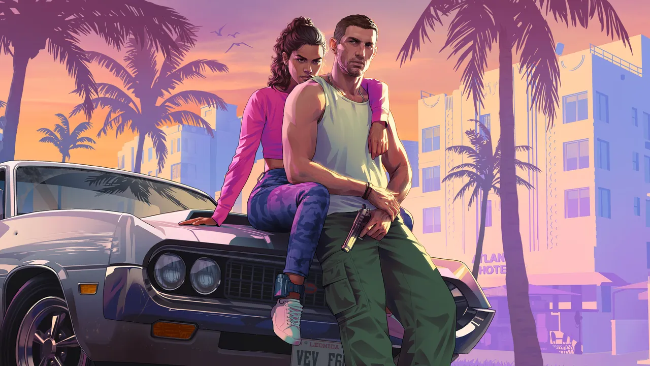 GTA 6 artwork of Jason and Lucia sitting on the hood of a silver classic car on an Art Deco hotel street