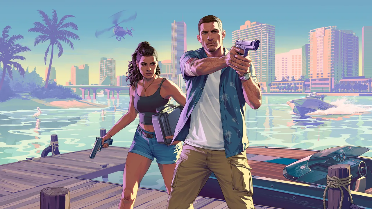 GTA 6 artwork of Jason aiming a pistol and Lucia holding a pistol and metal case on a dock in front of the Vice City skyline