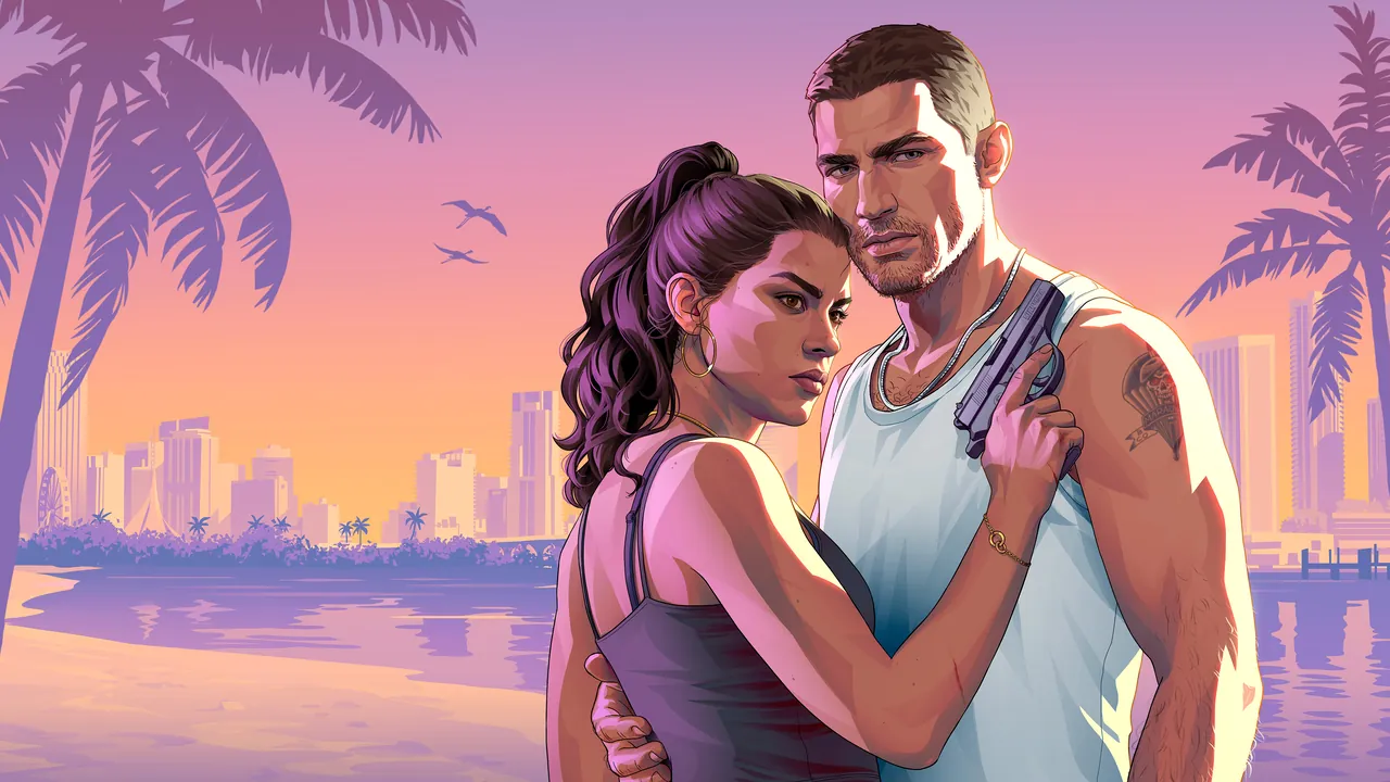 GTA 6 artwork of Jason and Lucia embracing on a beach at sunset, Lucia holding a pistol against Jason's chest