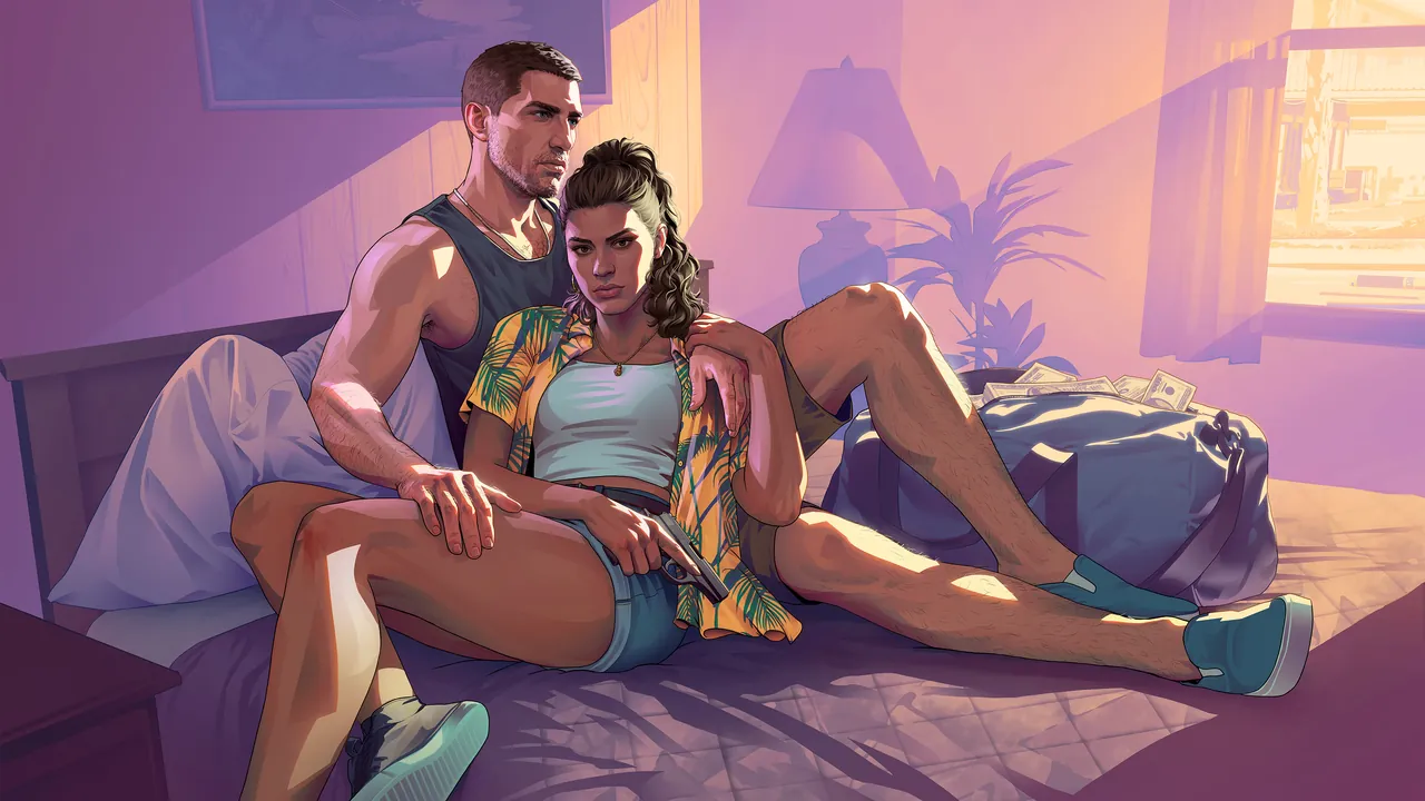 GTA 6 artwork of Jason and Lucia lounging on a motel bed next to a duffel bag full of cash