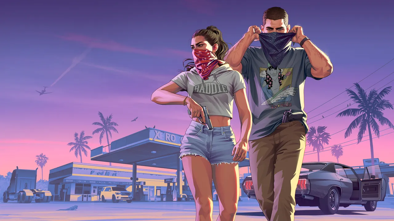 GTA 6 artwork of Jason and Lucia pulling bandanas over their faces as they leave a gas station with pistols