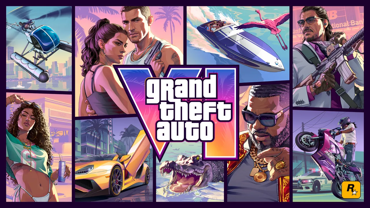 The official GTA 6 cover art in the classic panel layout with Jason, Lucia, Raul, Boobie Ike, an alligator, a supercar and a speedboat