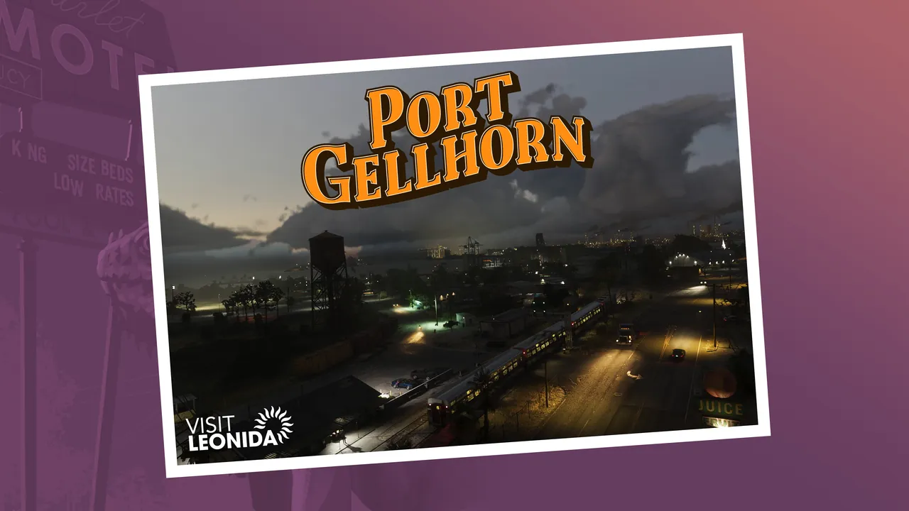 GTA 6 Visit Leonida postcard of Port Gellhorn at night