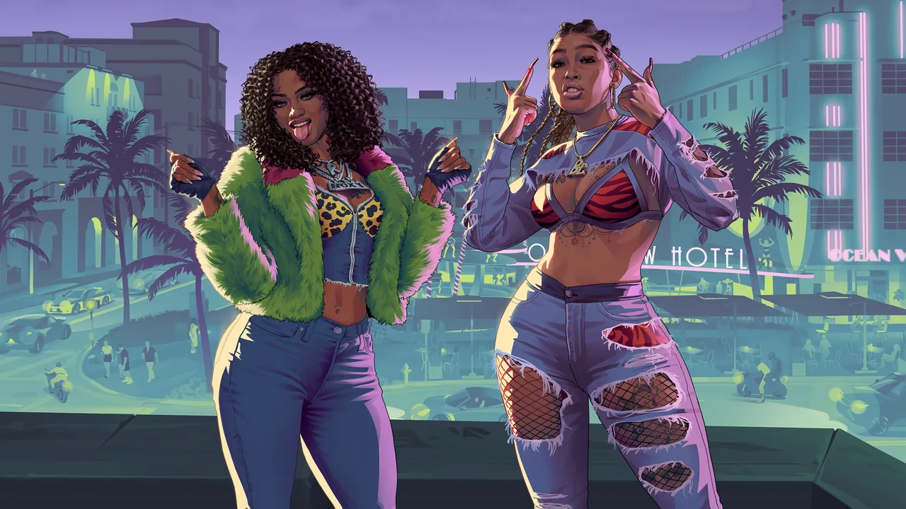 GTA 6 artwork of Real Dimez, Bae-Luxe and Roxy, posing on a rooftop above a neon hotel
